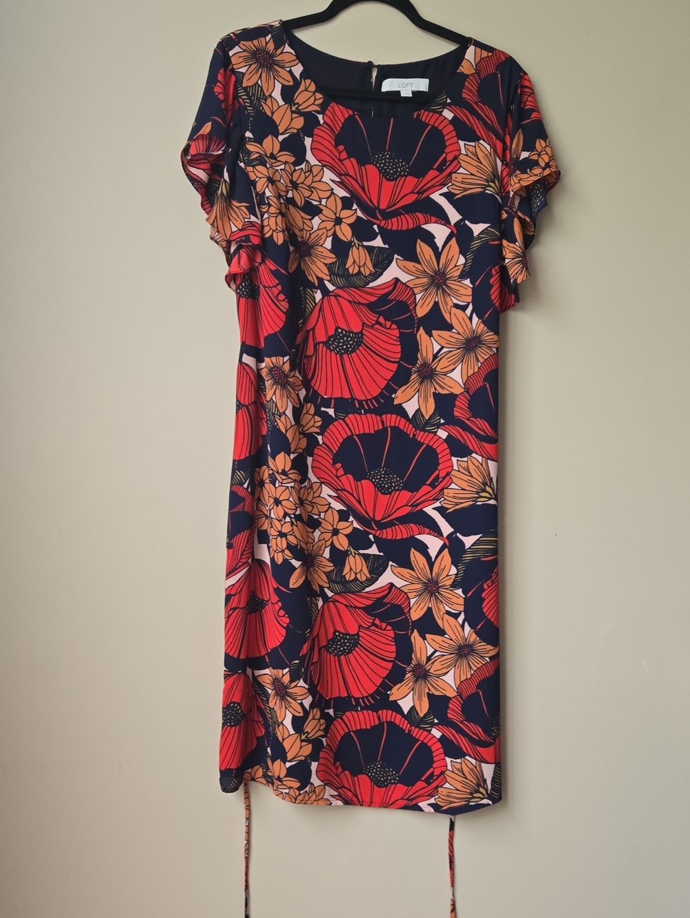 LOFT Navy Midi Dress with Red & Tan Floral Print